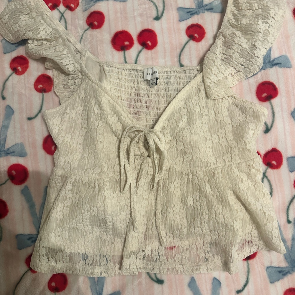 La Hearts Cream Lace Top with Tie Front
